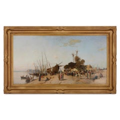 Large Orientalist seascape oil painting in giltwood frame by Corrodi 