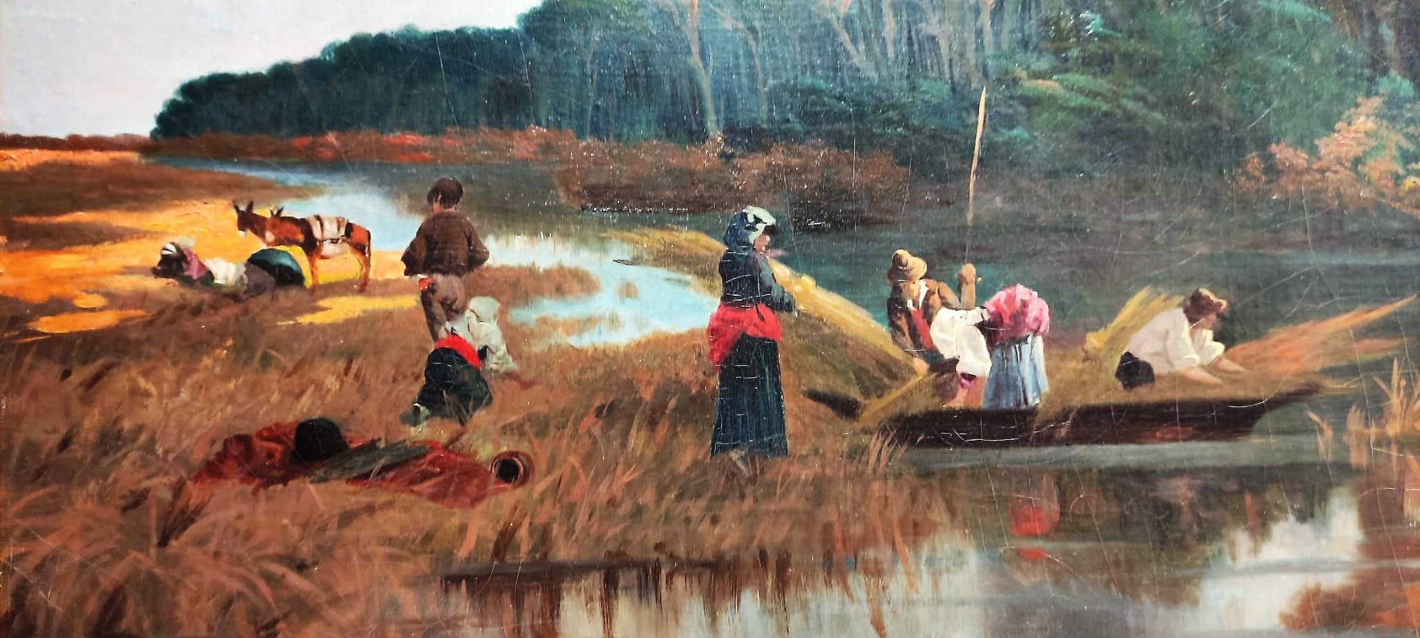 River scene at sunset with figures gathering reeds For Sale 4