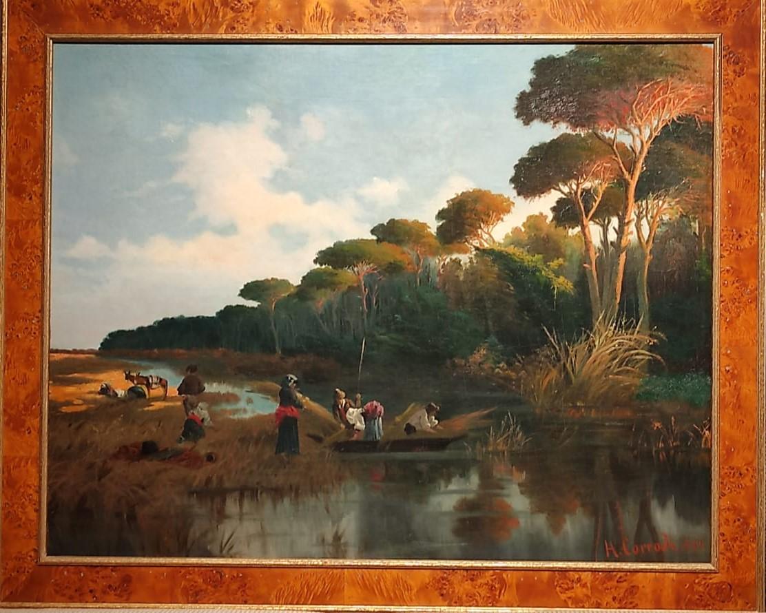 River scene at sunset with figures gathering reeds For Sale 5