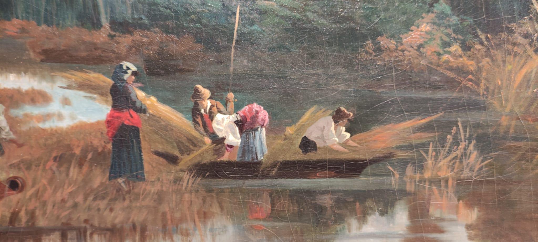 River scene at sunset with figures gathering reeds For Sale 7