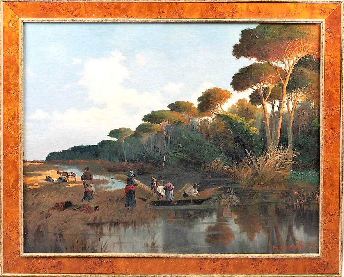 Scena fluviale al tramonto con figure che raccolgono canne - Painting di Hermann Corrodi