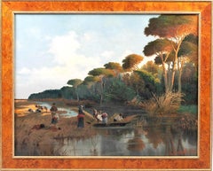 River scene at sunset with figures gathering reeds