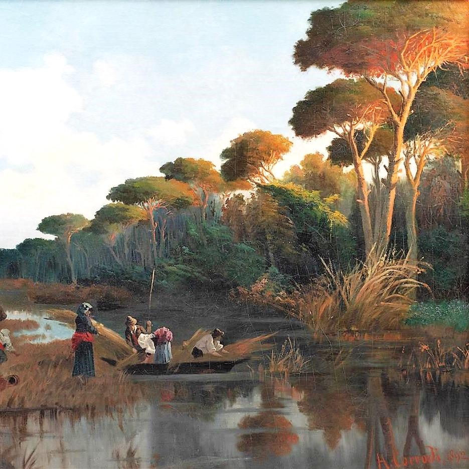 Hermann Corrodi Landscape Painting - River scene at sunset with figures gathering reeds