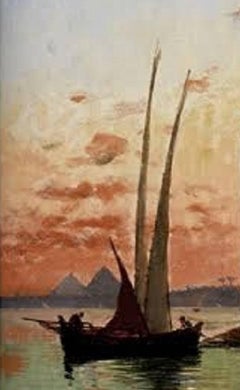 The Nile by Corrodi. Oriental Landscape at sunset, Oil Painting, second half XIX