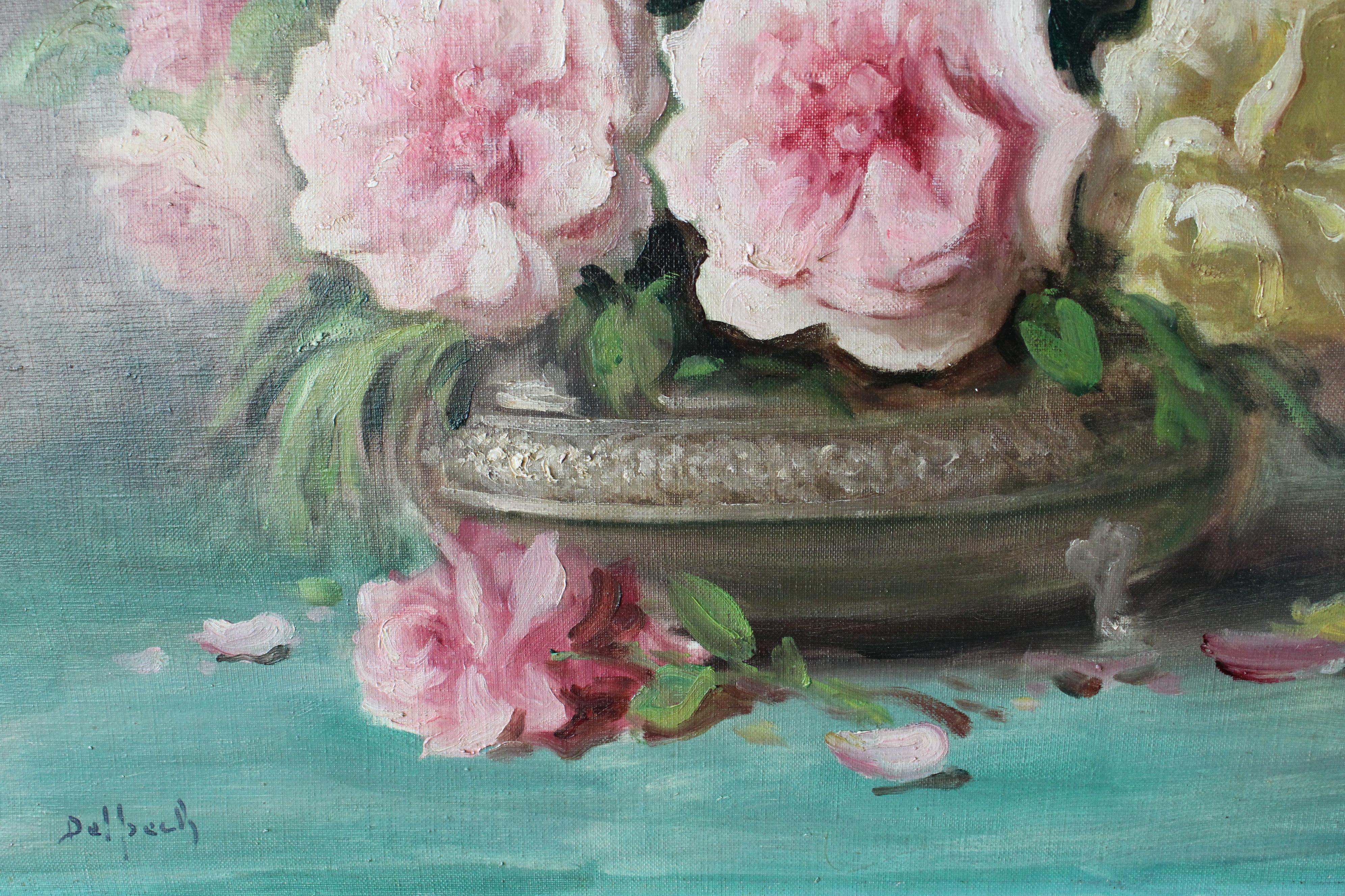 Natura morta di fiori Grandi rose antiche francesi rosa, gialle e rosse su tela - Painting di Hermann DELPECH