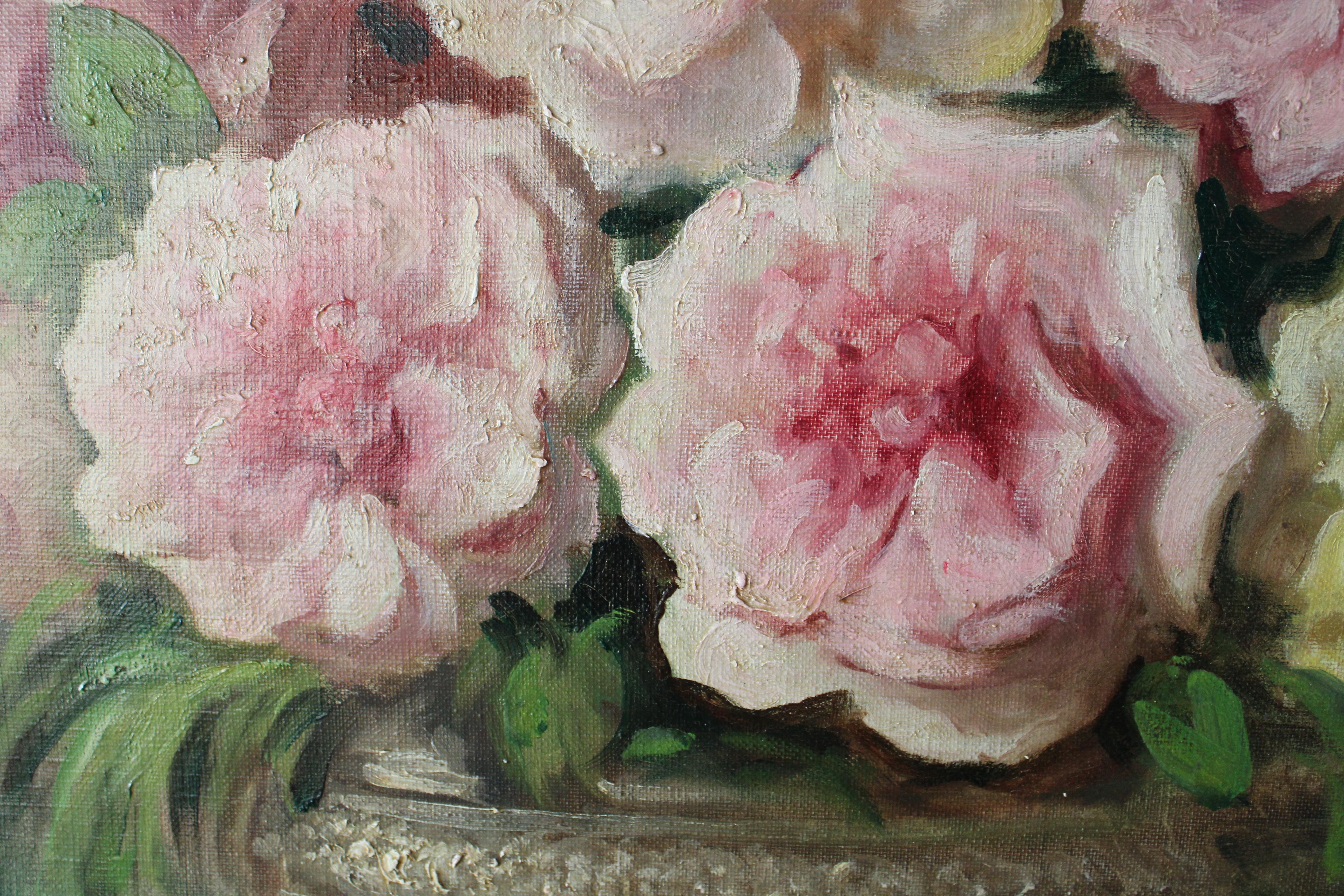 Natura morta di fiori Grandi rose antiche francesi rosa, gialle e rosse su tela - Painting Scuola francese di Hermann DELPECH