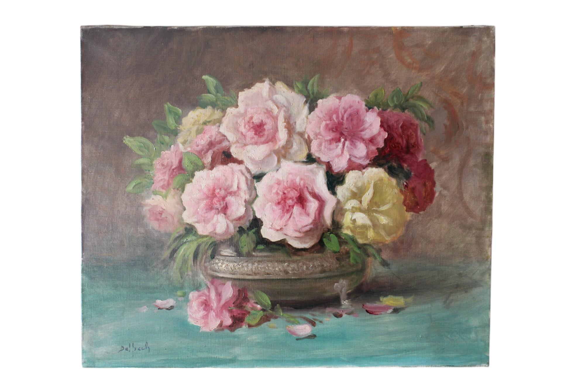 Nature morte aux fleurs Grandes roses anciennes françaises roses, jaunes et rouges sur toile