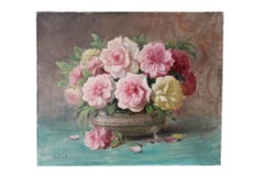 Flowers Still Life Large French antique pink, yellow and red roses on canvas