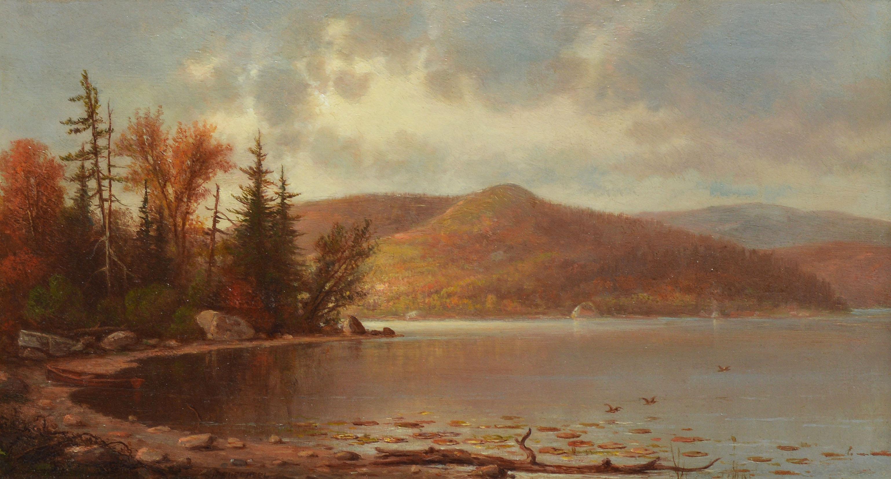 Antique Hudson River School luminous fall landscape oil painting by Hermann Fuechsel  (1833 - 1915).  Oil on board, circa 1870.  Signed.  Displayed in a period giltwood frame.  Image, 14