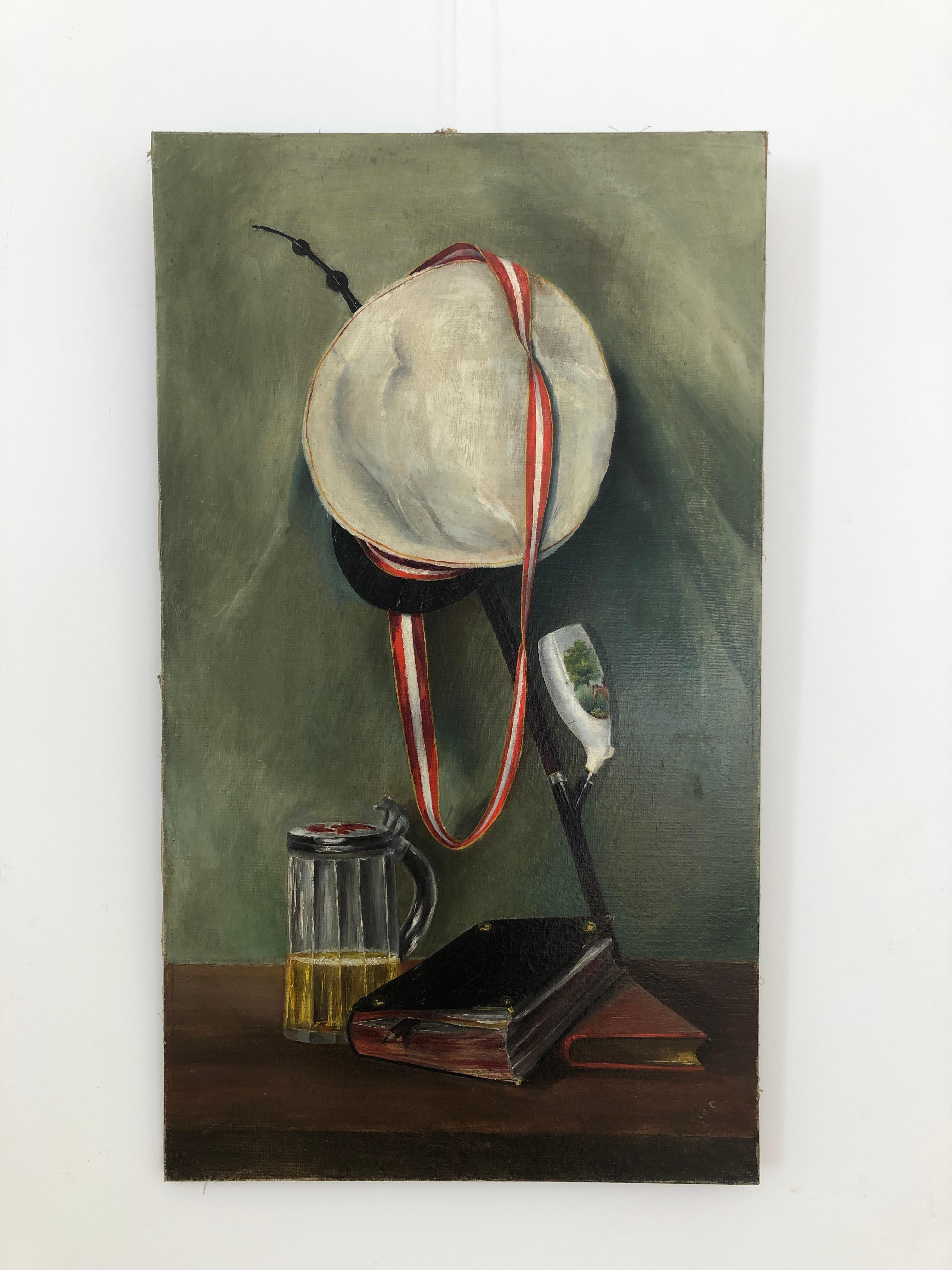 Still life with sailor's beret, beer mug, long pipe and books - Painting by Hermann Haller