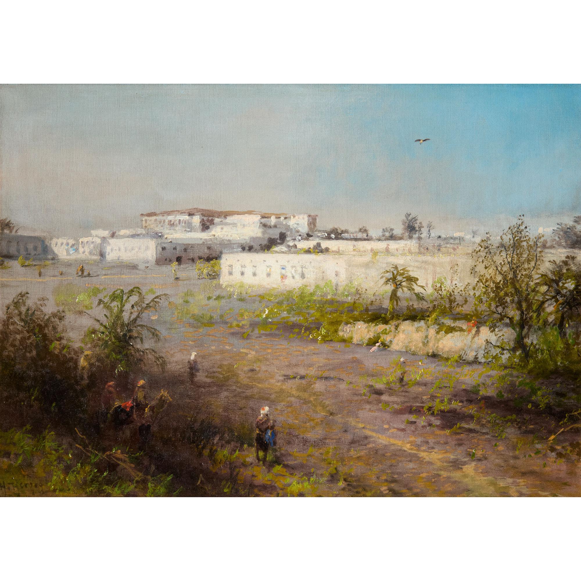 Gran cuadro orientalista antiguo de Tánger, Marruecos, por Herzog - Painting de Hermann Herzog