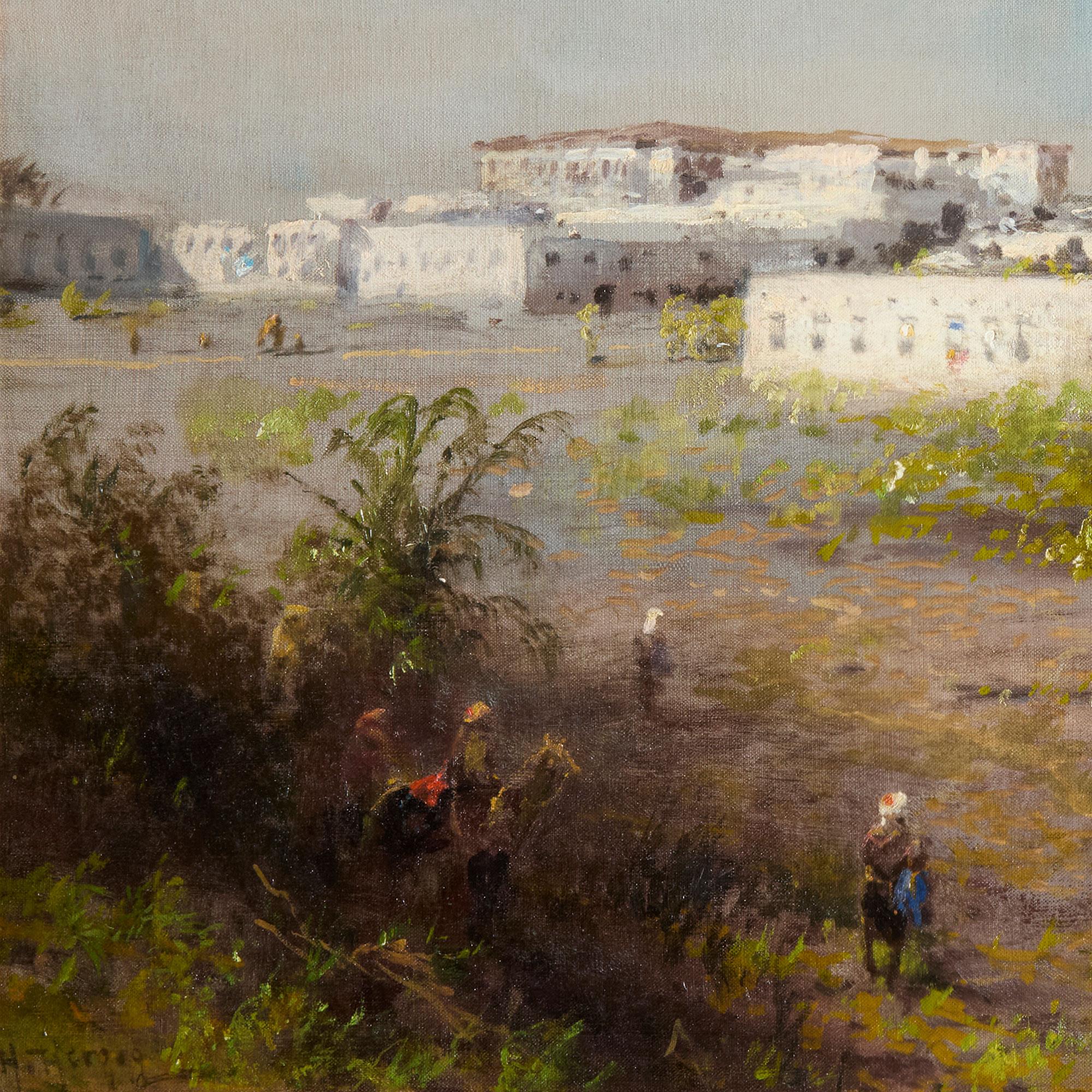 Gran cuadro orientalista antiguo de Tánger, Marruecos, por Herzog - Figurative Painting Marrón de Hermann Herzog