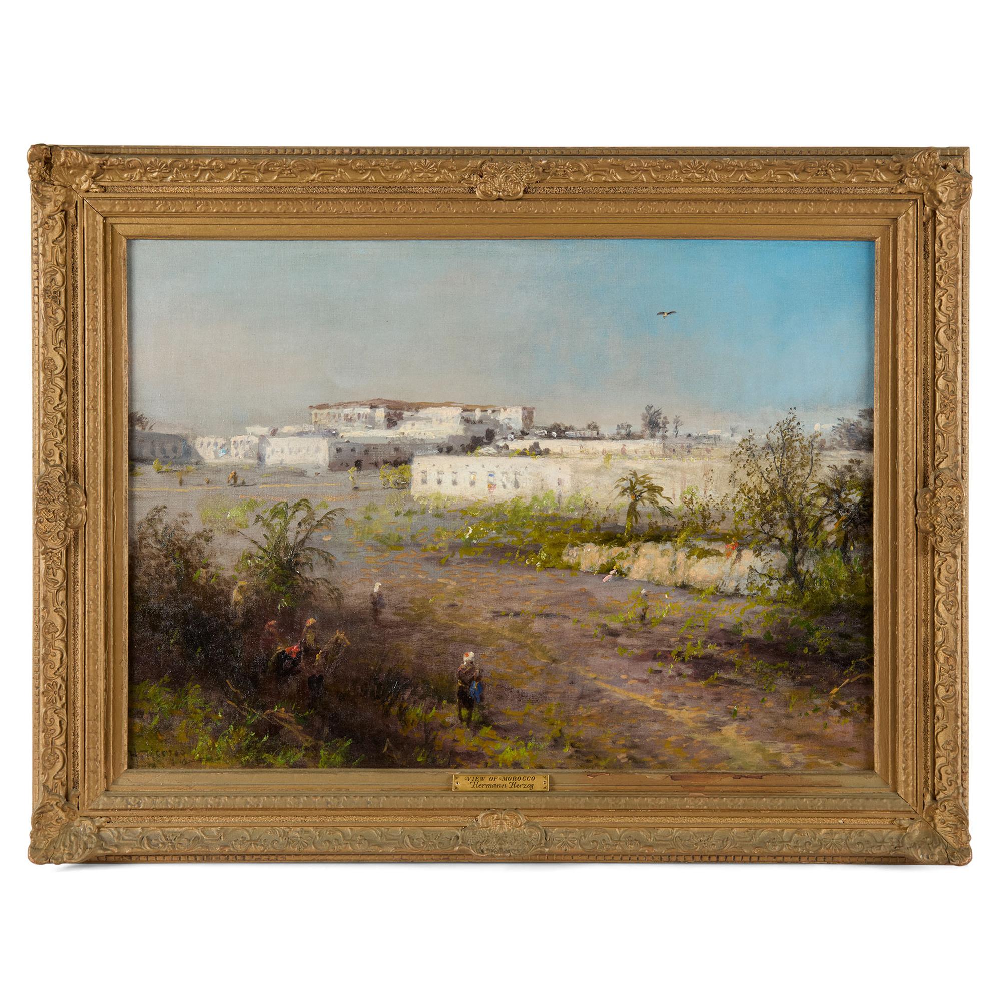 Figurative Painting de Hermann Herzog - Gran cuadro orientalista antiguo de Tánger, Marruecos, por Herzog