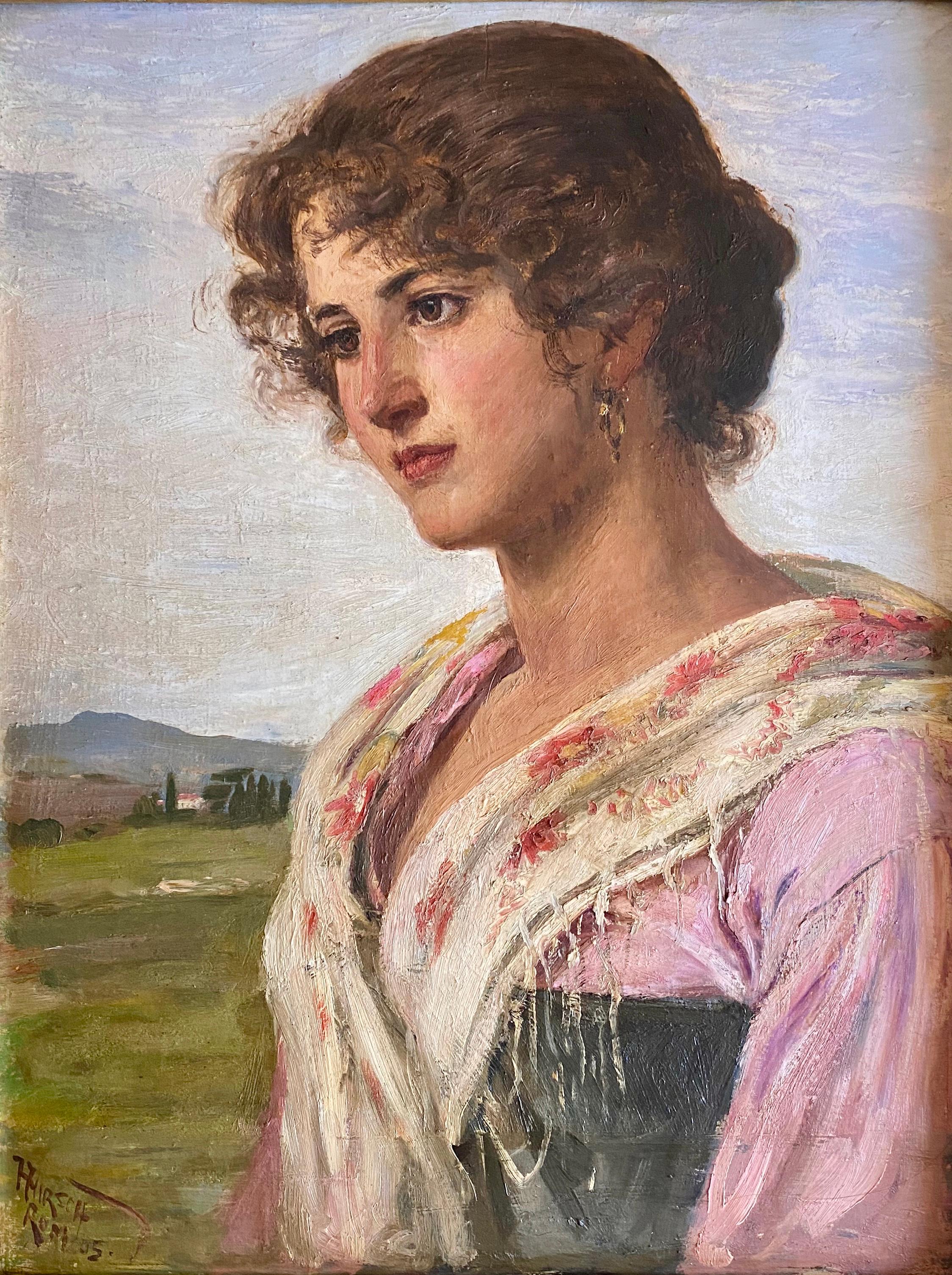 Best of Europe:The Roman Girl Sensitive Portrait of a Young Woman Italy - Painting by Hermann Hirsch