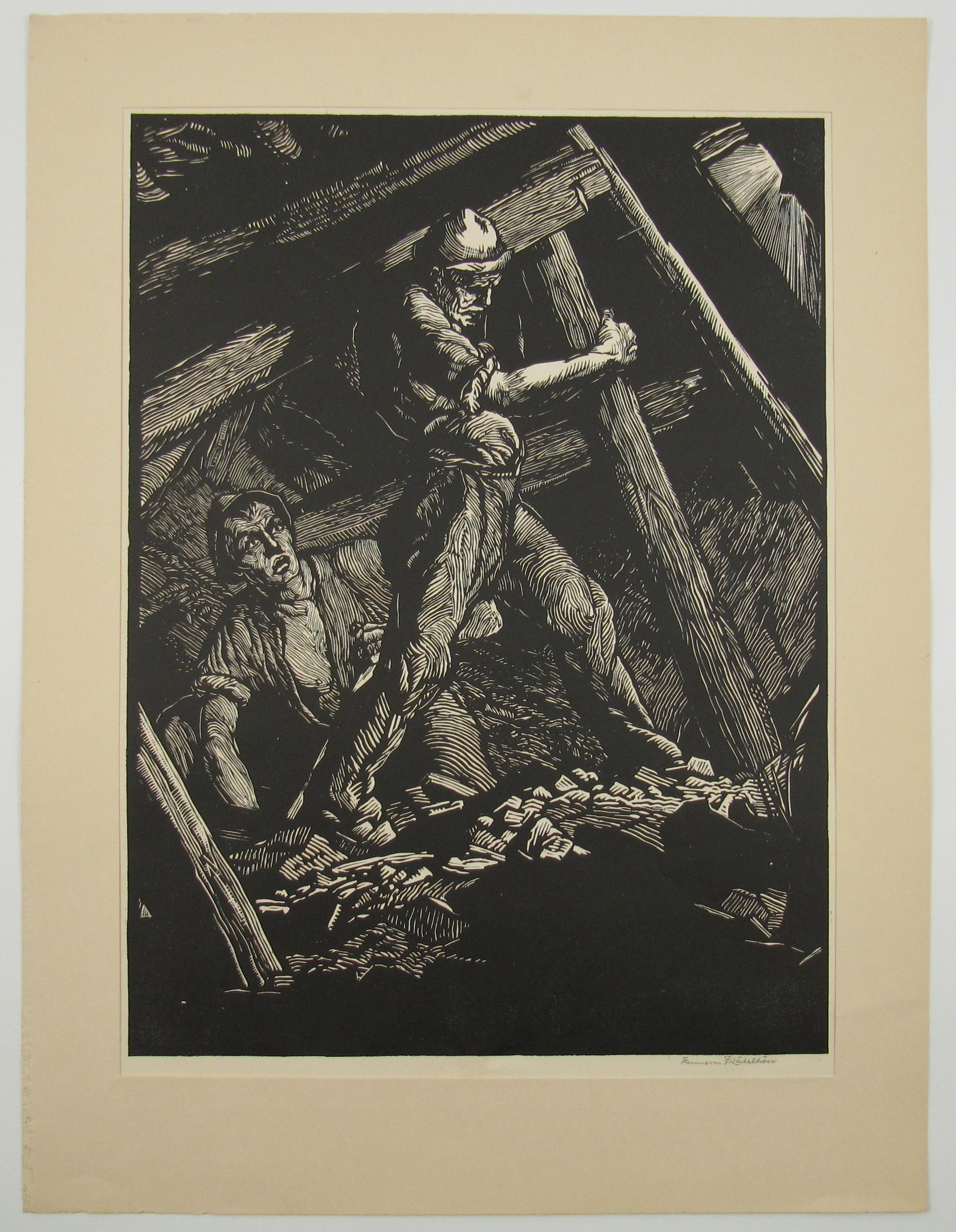 Kohle Miners – Industrielle Kunst – Deutsche Kriegsschule – Großer signierter Holzschnitt – Print von Hermann Katehön