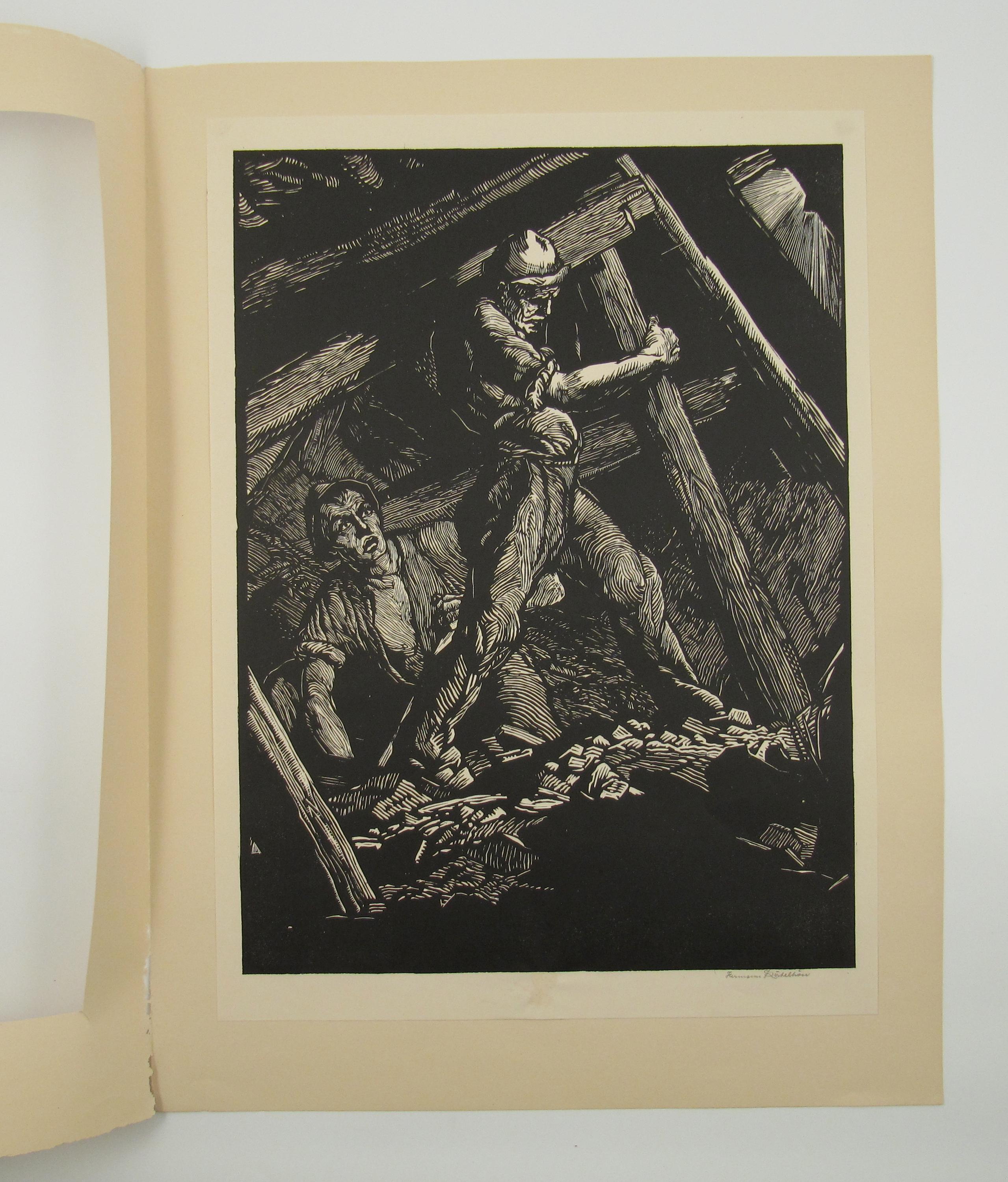Kohle Miners – Industrielle Kunst – Deutsche Kriegsschule – Großer signierter Holzschnitt (Naturalismus), Print, von Hermann Katehön