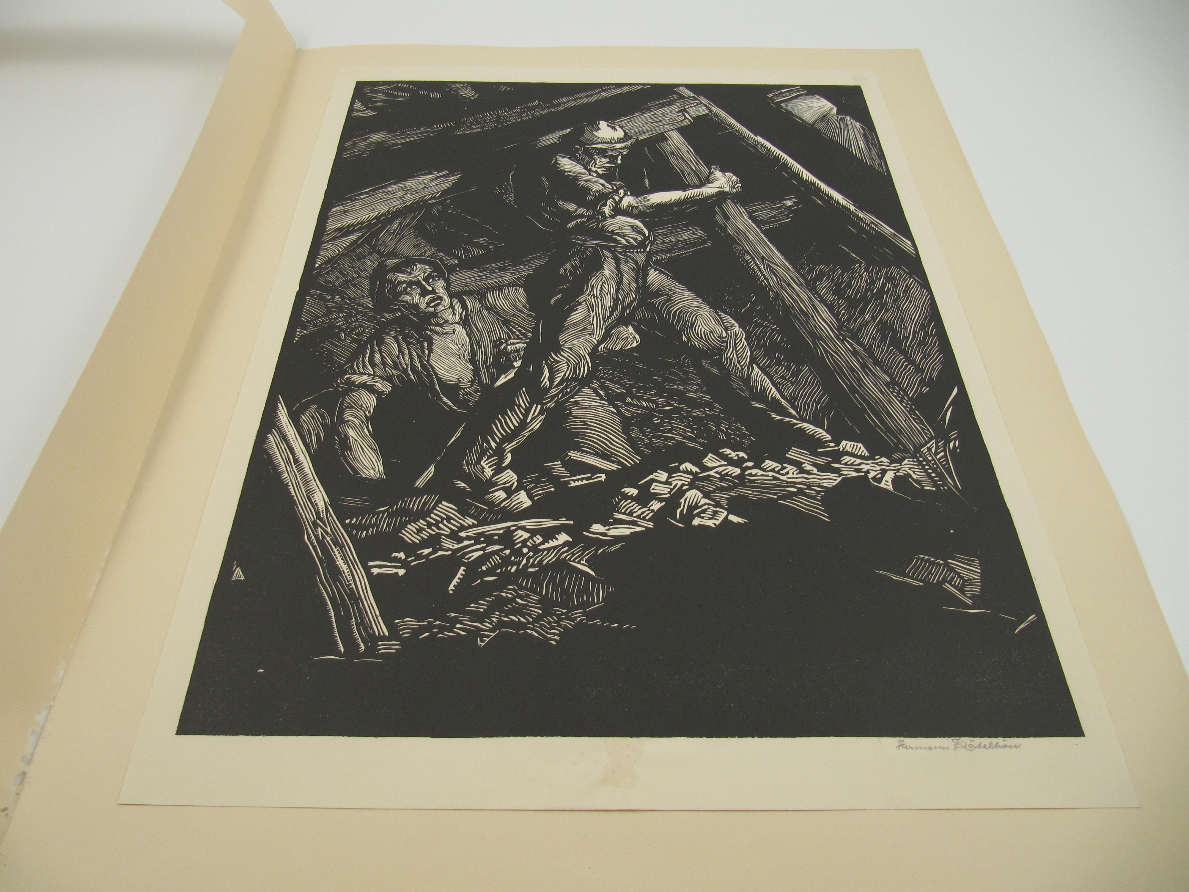 Kohle Miners – Industrielle Kunst – Deutsche Kriegsschule – Großer signierter Holzschnitt (Schwarz), Figurative Print, von Hermann Katehön