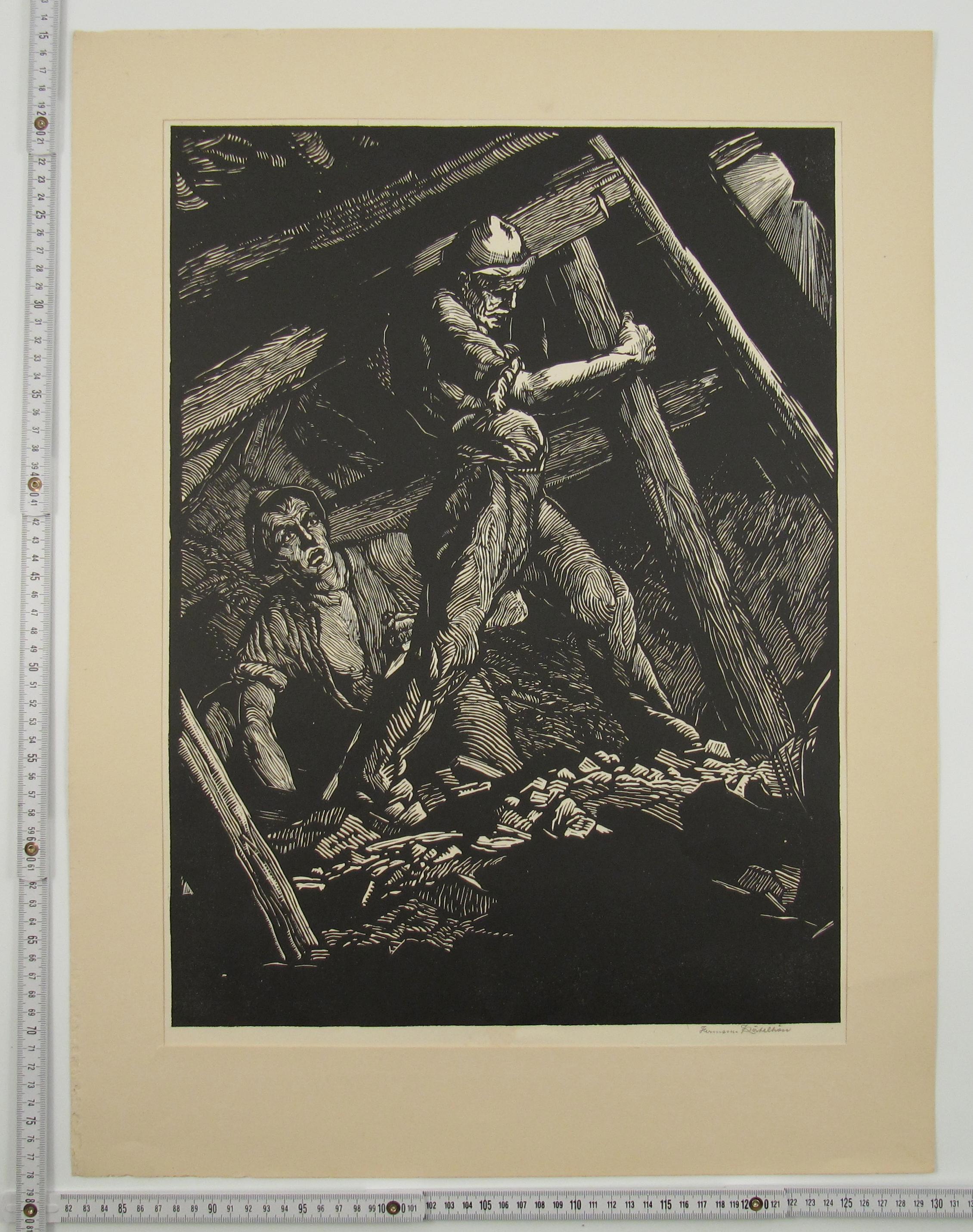 Coal Miners - INDUSTRIAL ART - Pre War German School - Large signed Woodcut - Black Figurative Print by Hermann Katehön