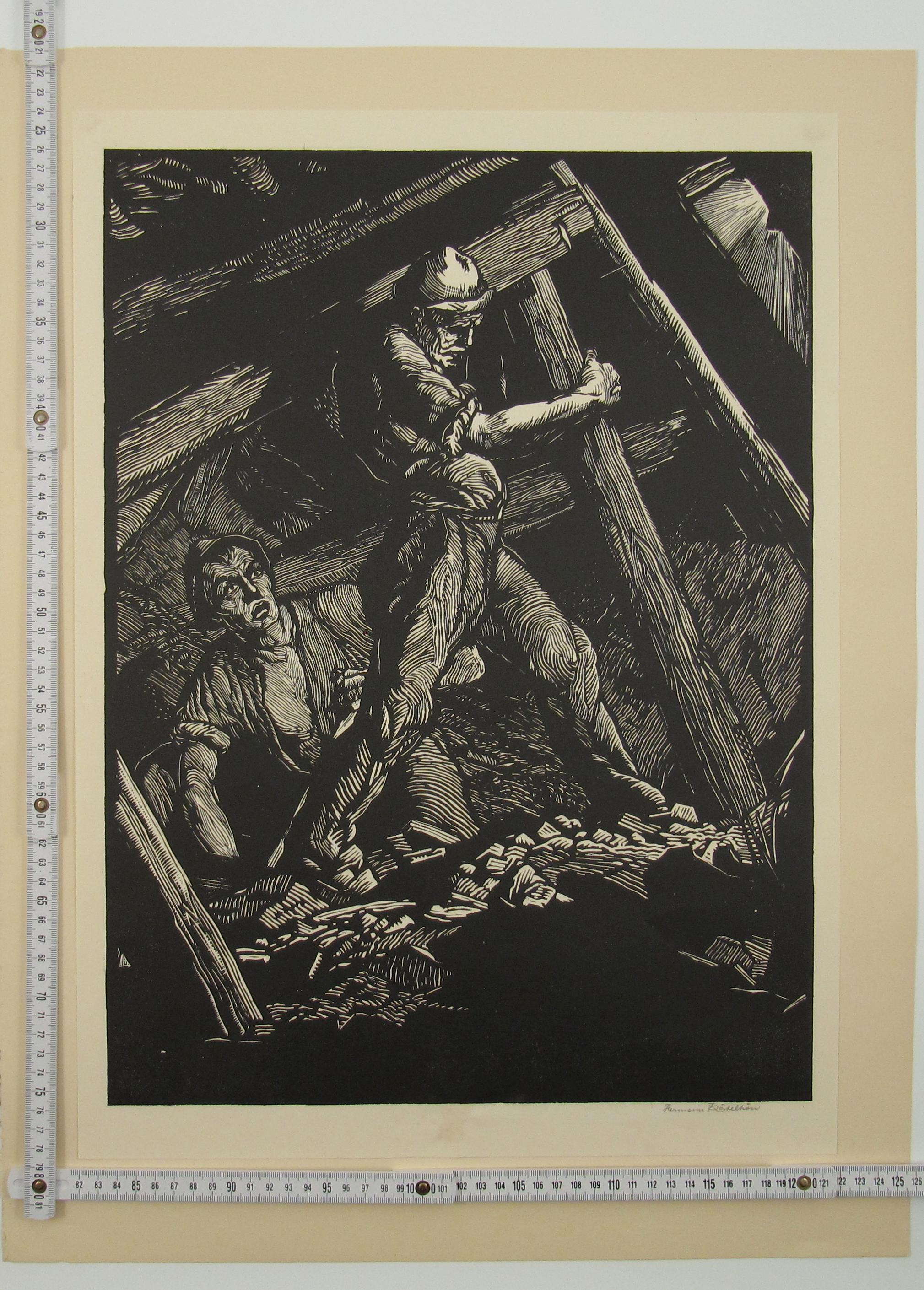 Hermann Kätelhön
(German, * 22. September 1884, Hofgeismar; † 24. November 1940, München)


Coal Miners

•	Woodcut, sheet measures ca. 55 x 40 cm
•	The sheet is mounted (fixed at the the two upper corners) behind a tired paper mount
•	Signed in