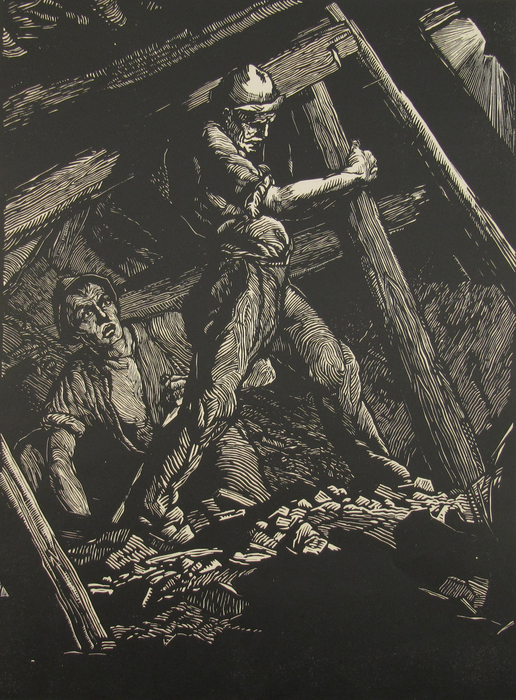 Hermann Katehön Figurative Print – Kohle Miners – Industrielle Kunst – Deutsche Kriegsschule – Großer signierter Holzschnitt