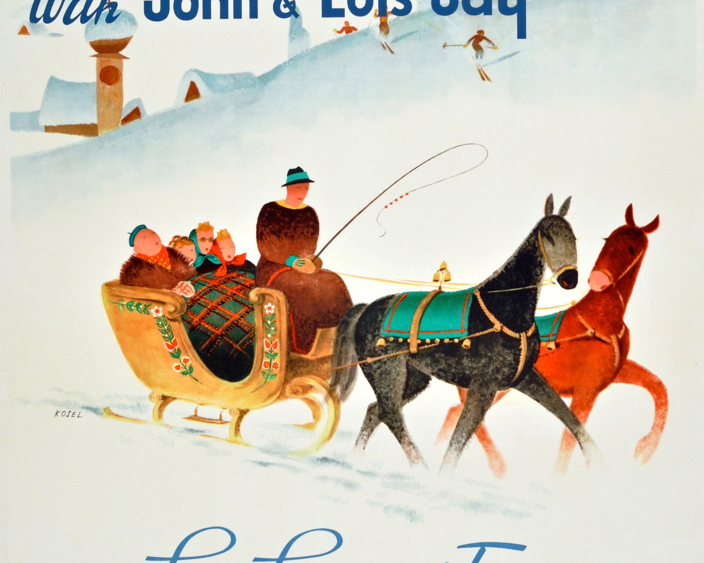 Original-Vintage-Reiseposter, KLM, Wintersport, Skifahren, Sonne, Schnee und Spaß in Österreich (Grau), Print, von Hermann Kosel