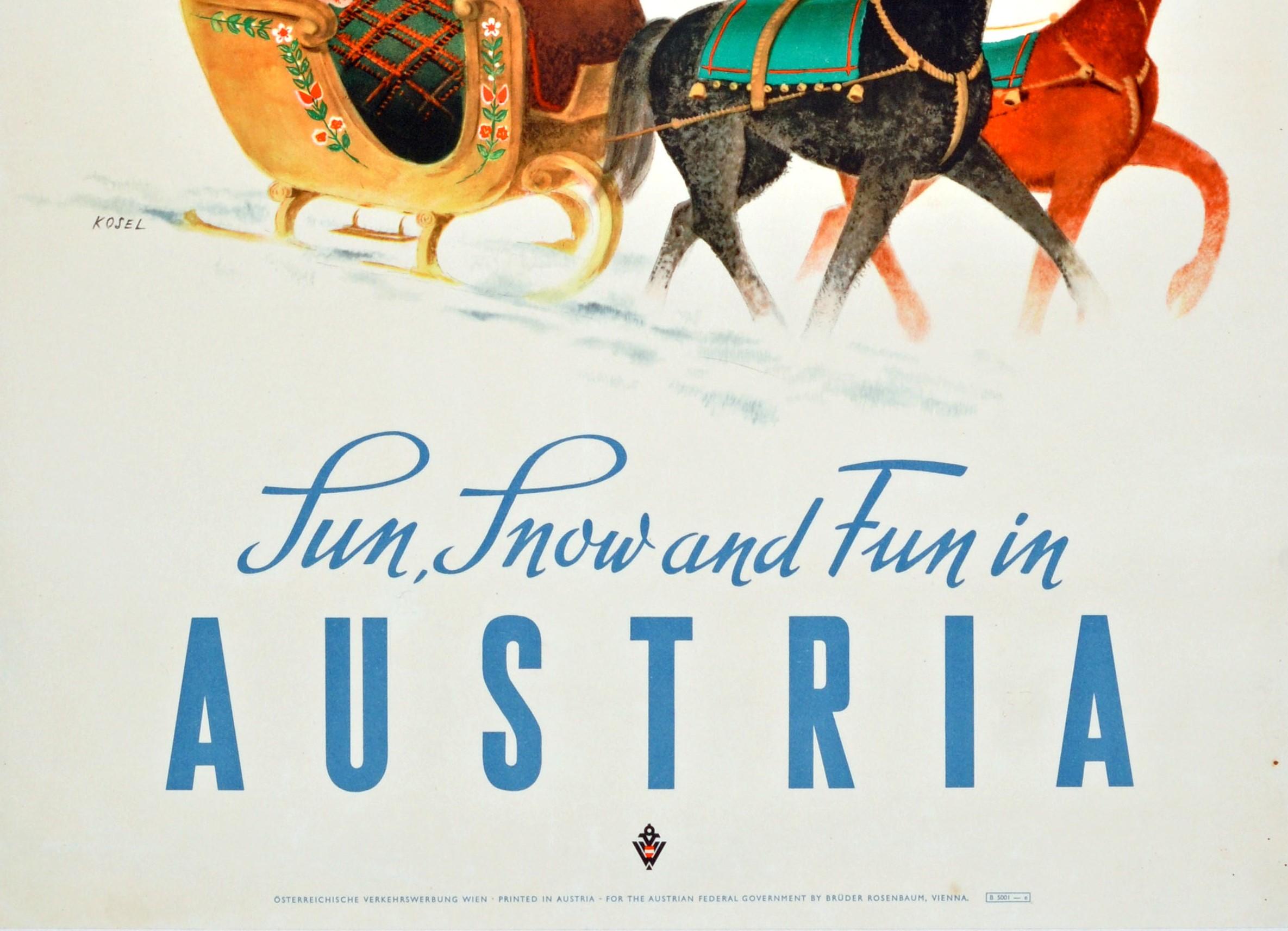 Original Vintage Reiseplakat für Österreich / Österreich von KLM - Fly KLM The Skiers' Airline mit John und Lois Jay - Sun, Snow and Fun in Austria. Großartiges Bild einer verschneiten Szene des österreichischen Künstlers Hermann Kosel (1896-1983)