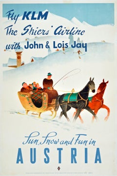 Original Vintage KLM Travel Poster Winter Sport Skiing Sun Snow & Fun In Austria