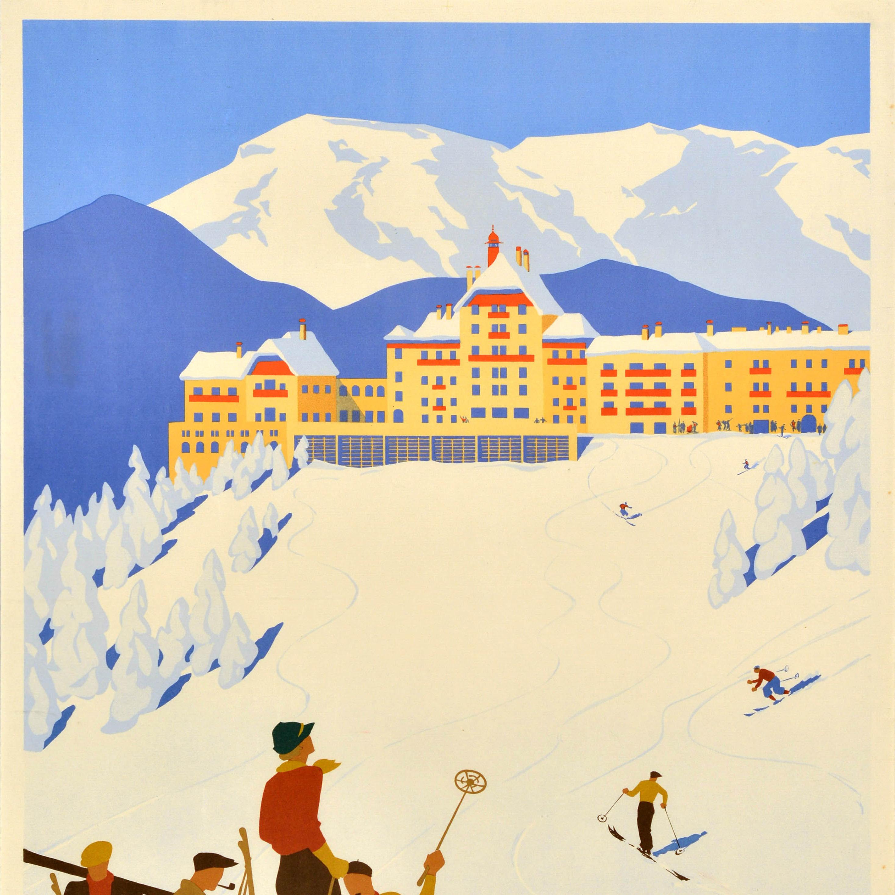 Original Vintage-Reise-Werbeplakat Sudbahnhotel, schimmernder Ski, Art déco, Art déco (Beige), Print, von Hermann Kosel