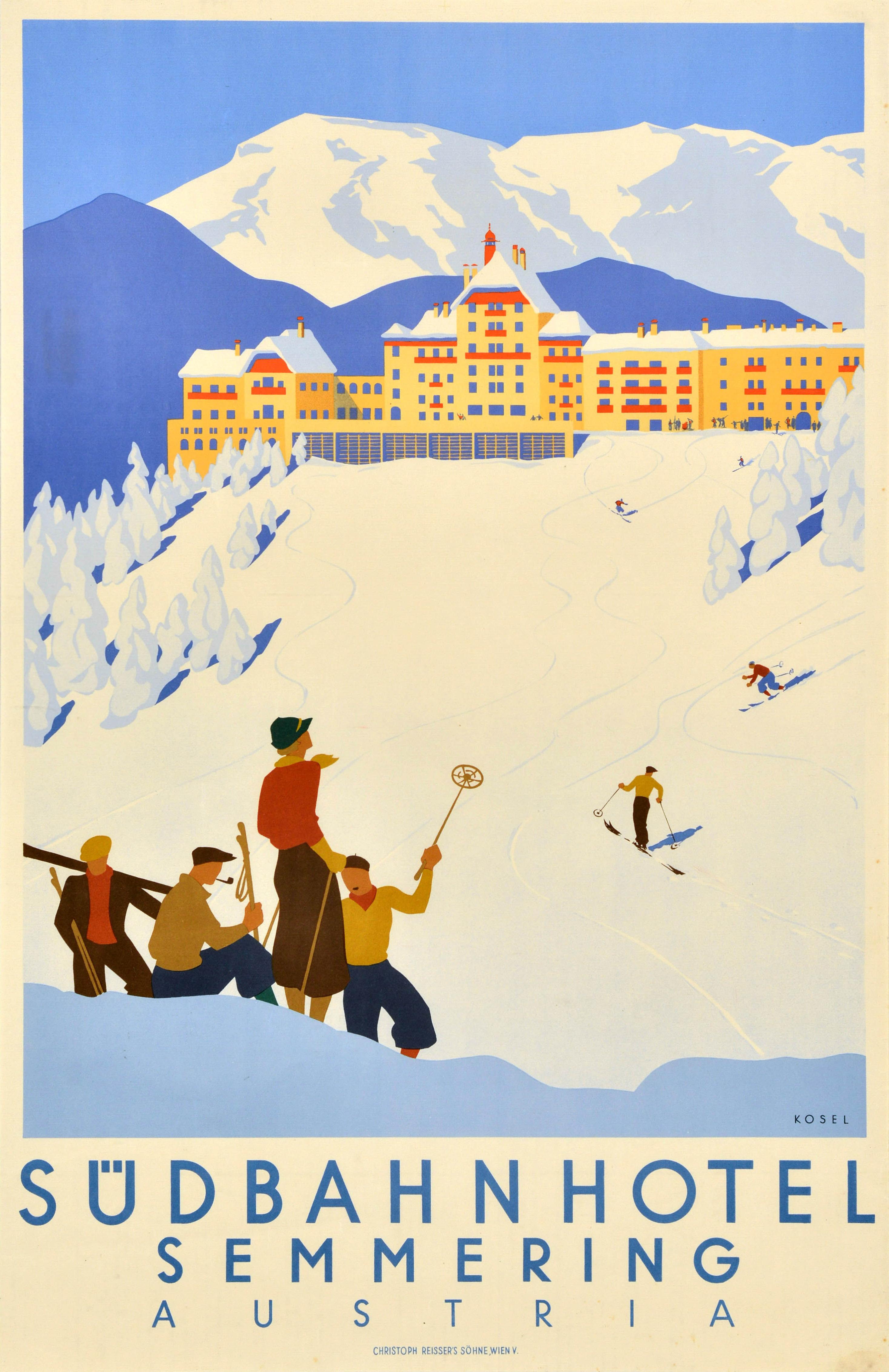 Hermann Kosel Print – Original Vintage-Reise-Werbeplakat Sudbahnhotel, schimmernder Ski, Art déco, Art déco