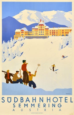 Original Vintage-Reise-Werbeplakat Sudbahnhotel, schimmernder Ski, Art déco, Art déco