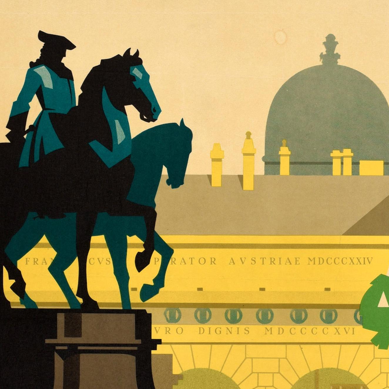 Original vintage travel poster for Vienna Austria featuring a stunning Art Deco design by the Austrian artist Hermann Kosel (1896-1983) depicting one of the equestrian statues on the historical monument of Empress Maria Theresia (unveiled 1888) of a