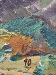 Fin du 20e siècle Huile et acrylique sur panneau. Paysage de montagne".
