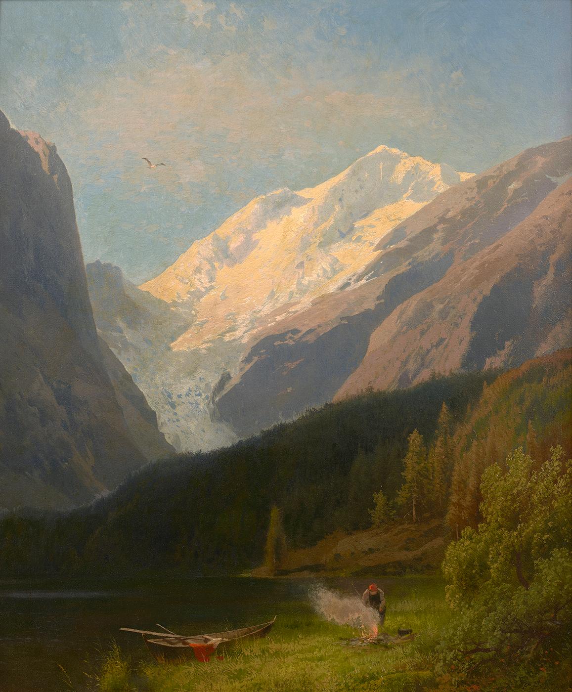 Hermann Ottomar Herzog Landscape Painting - Hunter and Canoe