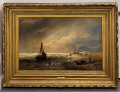 LARGE 1871 HERMAN HERZOG American BEACH SCENE W/ Figures Original Gilded Frame