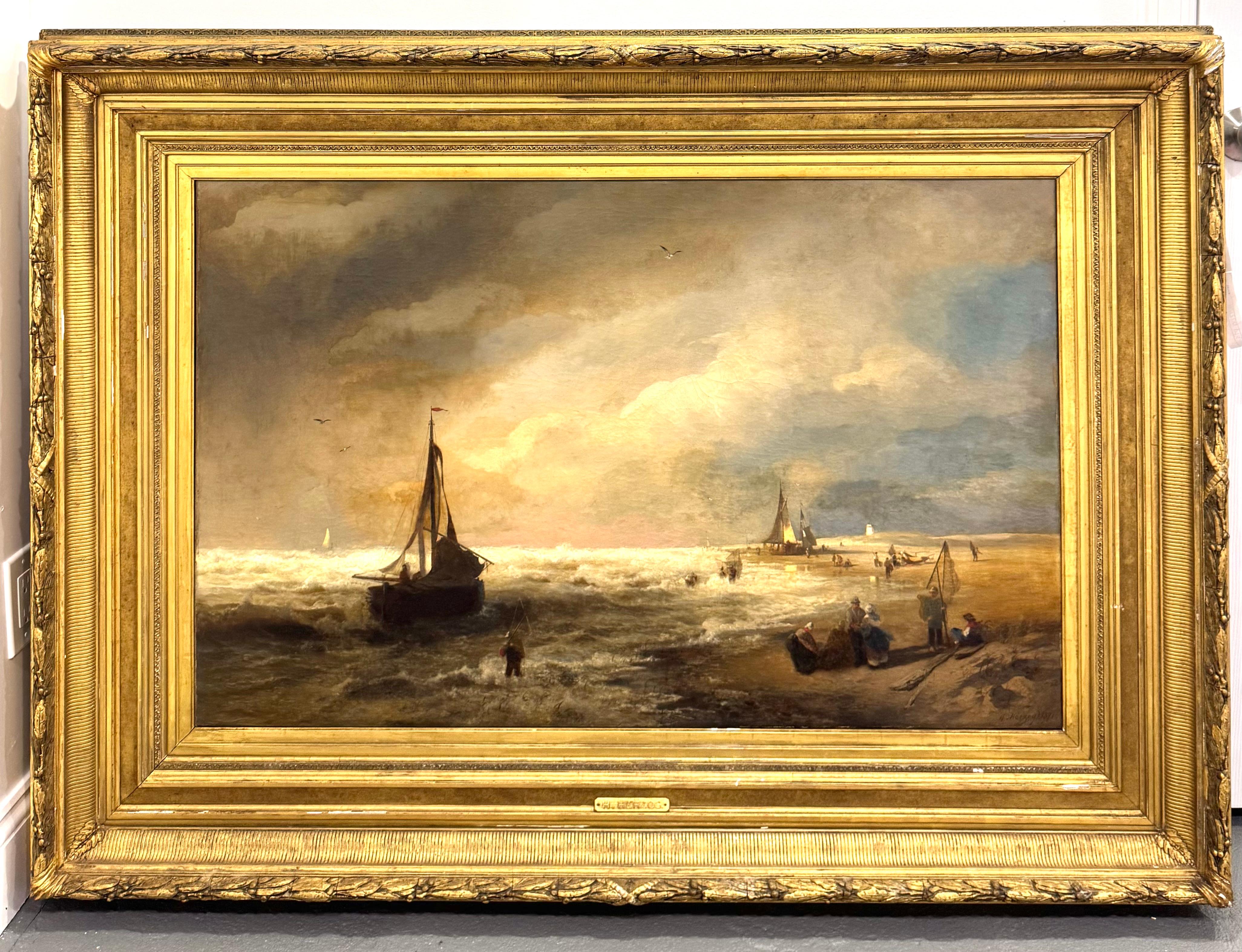 LARGE 1871 HERMAN HERZOG American BEACH SCENE W/ Figures Original Gilded Frame