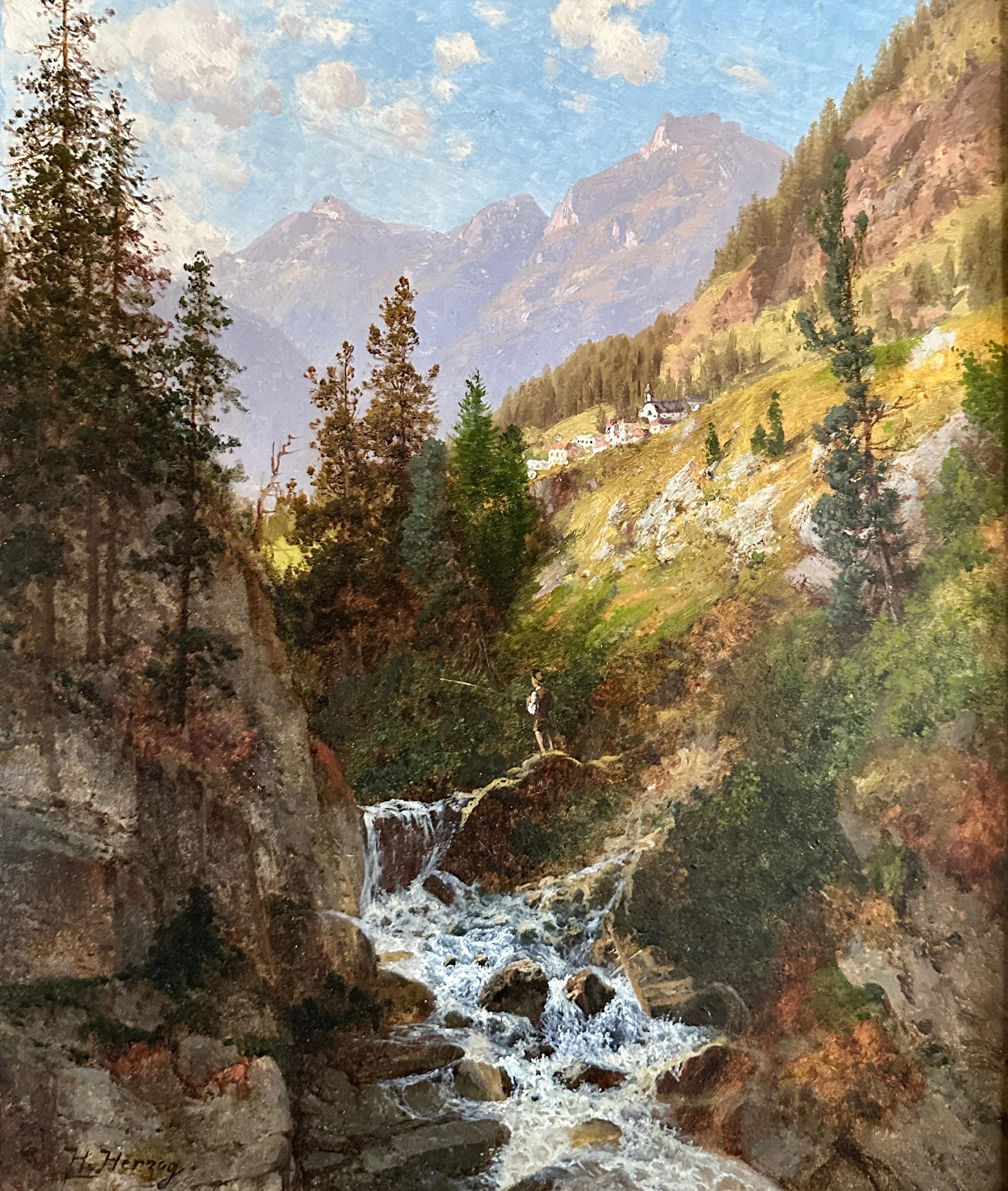 Hermann Ottomar Herzog Landscape Painting – Friedlicher Tag in den Bergen