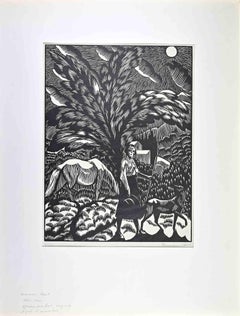 Frau in einer nächtlichen Landschaft - Holzschnitt von Hermann Paul - Anfang des 20.