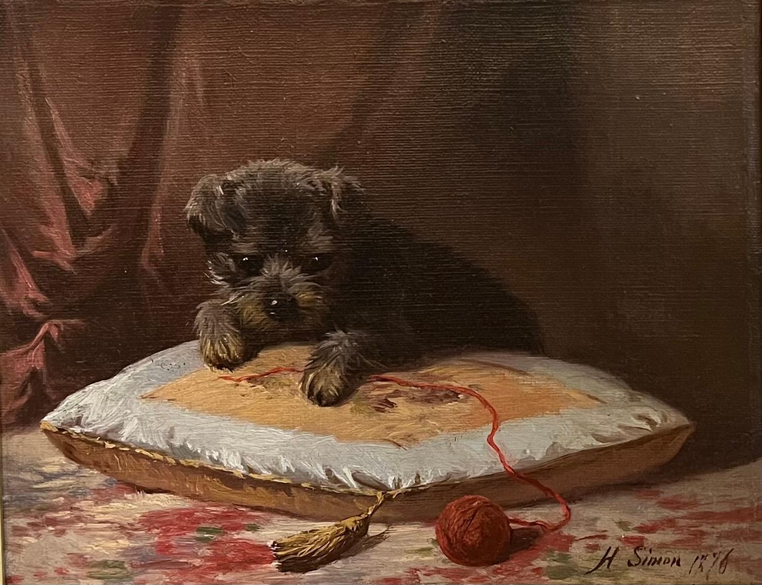 1876 Beautiful GILDED FRAME Antique SCHNAUZER PUPPY Playing w/ Yarn - Painting by Hermann Simon