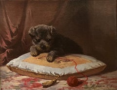1876 Beautiful GILDED FRAME Antique SCHNAUZER PUPPY Playing w/ Yarn