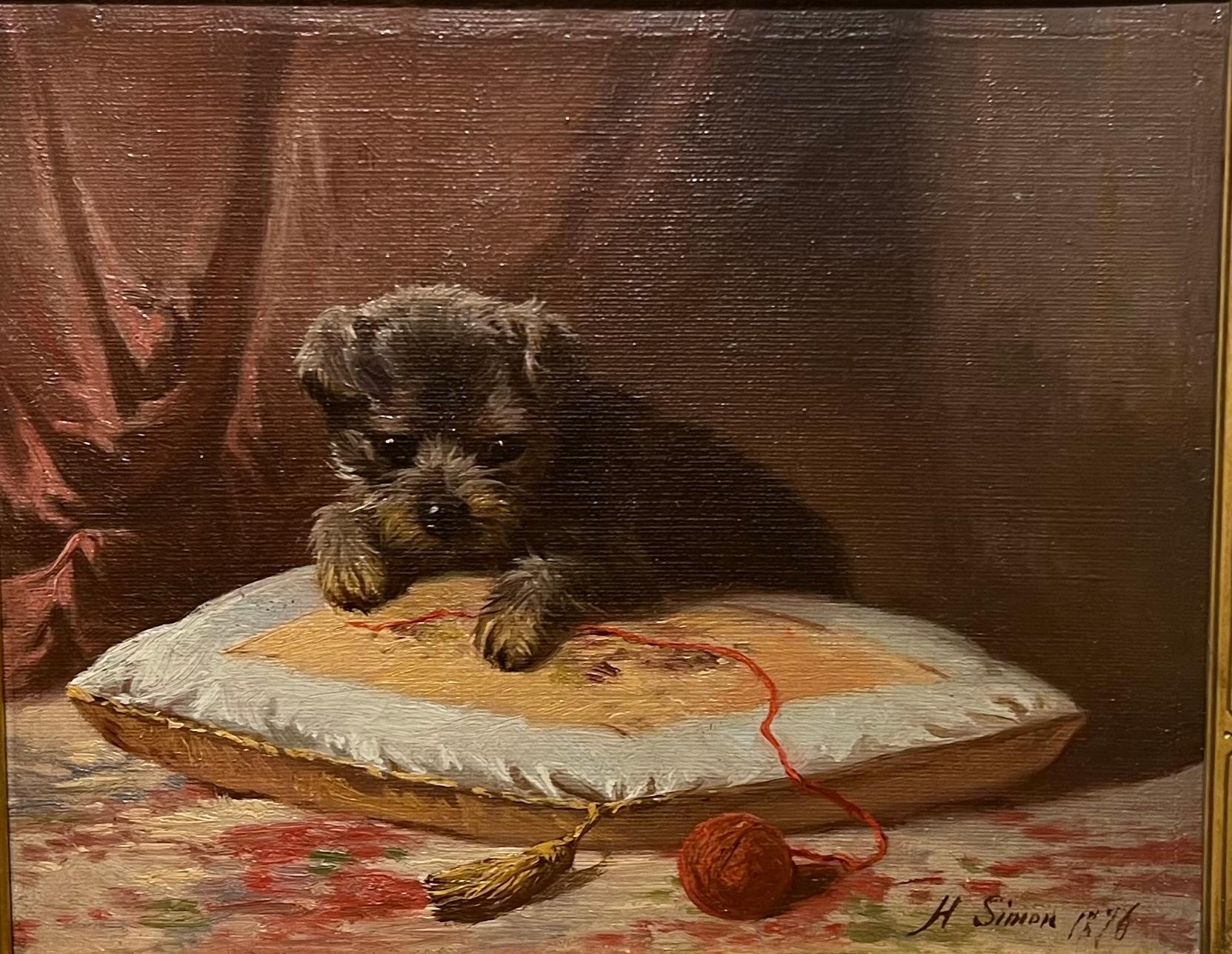 1876 Beautiful GILDED FRAME Antique SCHNAUZER PUPPY Playing w/ Yarn - Hudson River School Painting by Hermann Simon