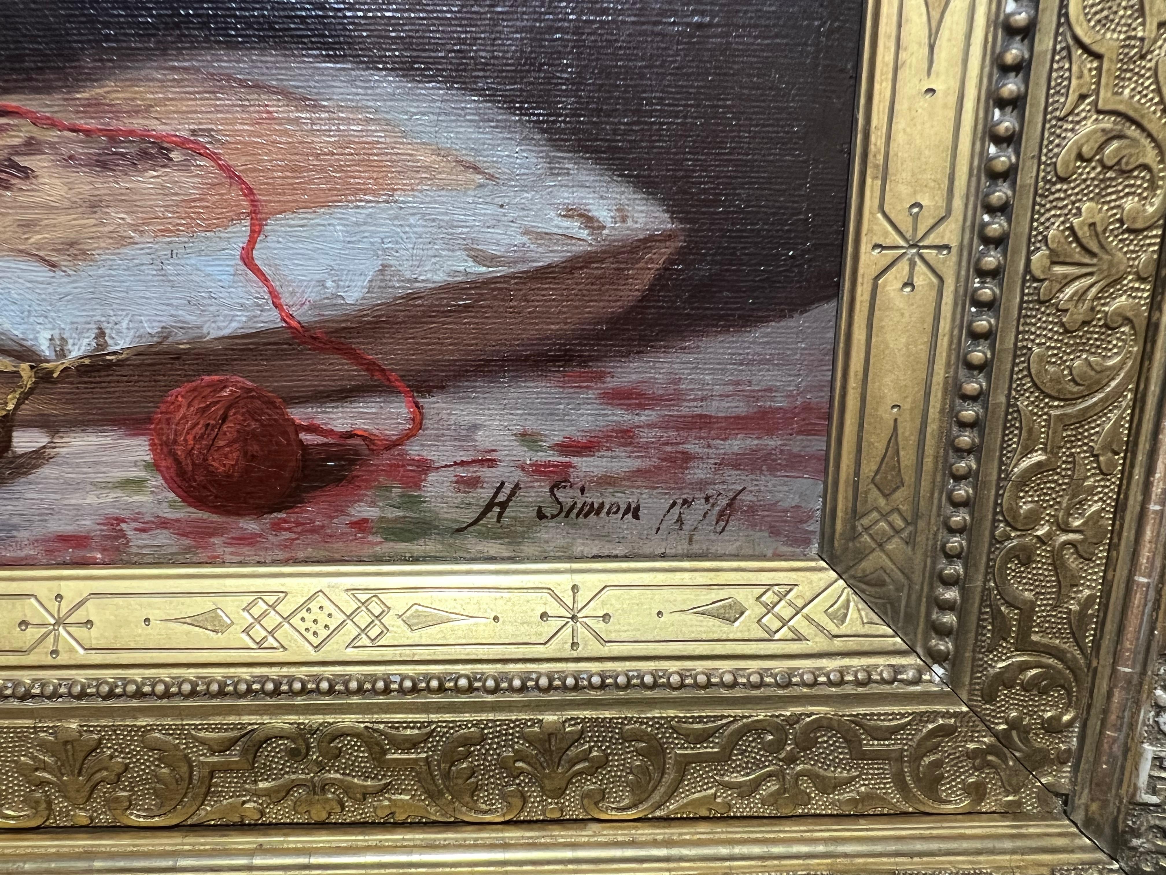 1876 Beautiful GILDED FRAME Antique SCHNAUZER PUPPY Playing w/ Yarn - Brown Animal Painting by Hermann Simon