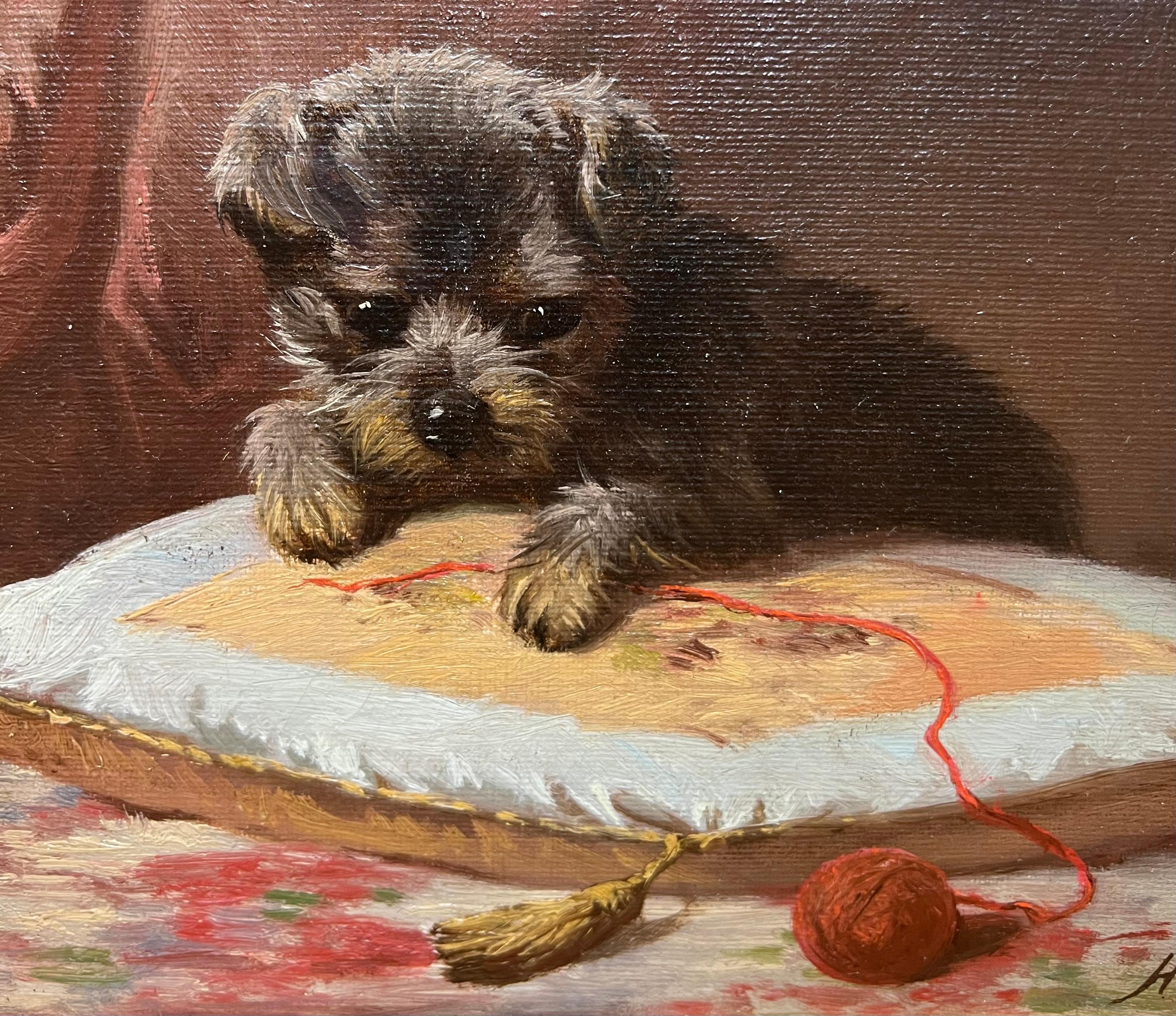 
Hermann Gustav Simon (1846 - 1895) was active/lived in Pennsylvania / Germany.  Hermann Simon is known for Hunting, dogs, landscape, still life.

Painting shows a beautiful Schnauzer Puppy playing with Yarn on a pillow.  Painting is housed in a