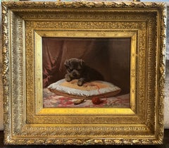 1876 Beautiful GILDED FRAME Antique SCHNAUZER PUPPY Playing w/ Yarn