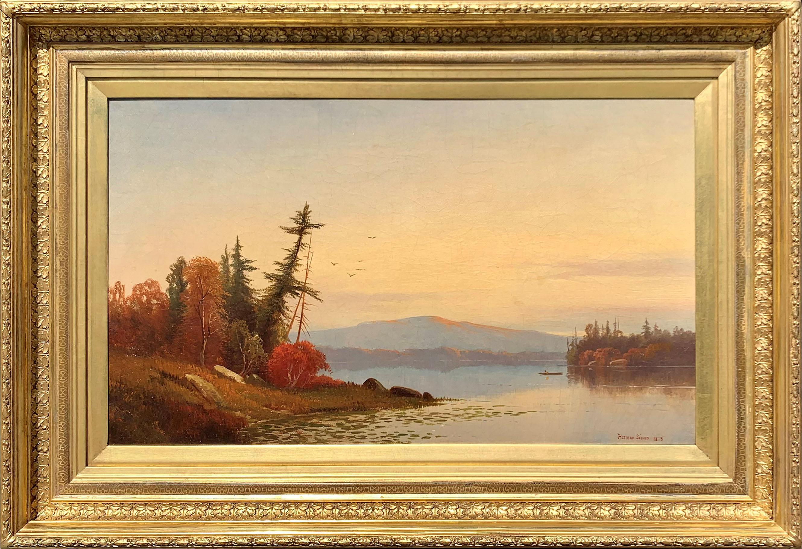 Painted by Hudson River School artist Hermann Simon (1846-1895) , "Sunset on the Hudson River" is oil on canvas, measures 15 x 25 inches, and is signed and dated 1875 at the lower right. The work is framed in a period appropriate frame and ready to