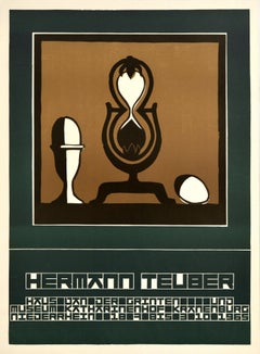 Affiche publicitaire originale vintage d'une exposition Hermann Teuber, Dessin d'un sablier
