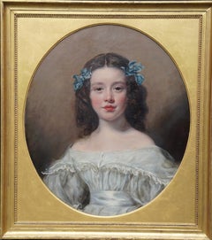 Antique Portrait of a Girl with Blue Ribbons - Victorian art oval portrait oil painting