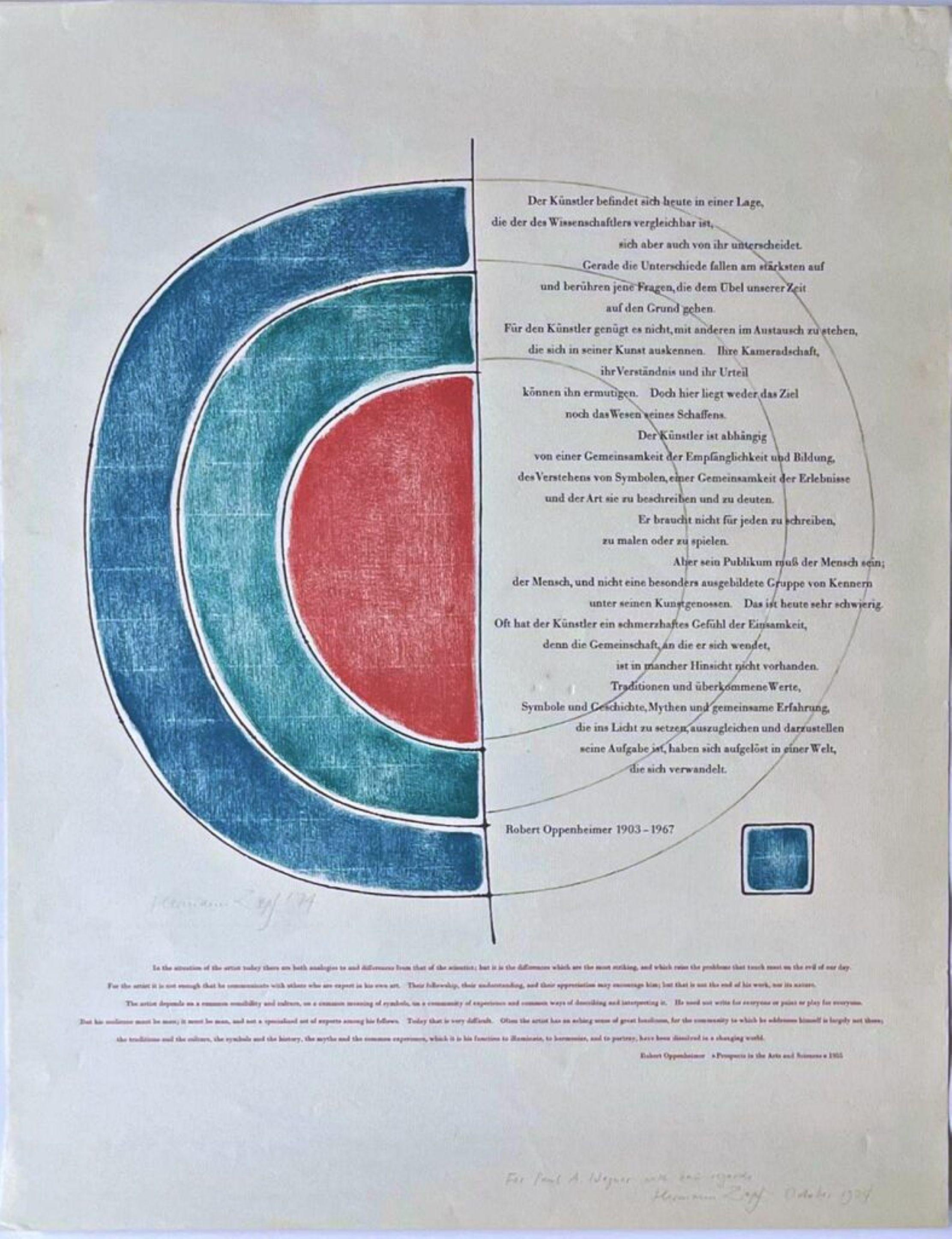 Seltener signierter Druck aus den 1970er Jahren mit Zitat von J. Robert Oppenheimer: Künstler und Wissenschaftler – Print von Hermann Zapf