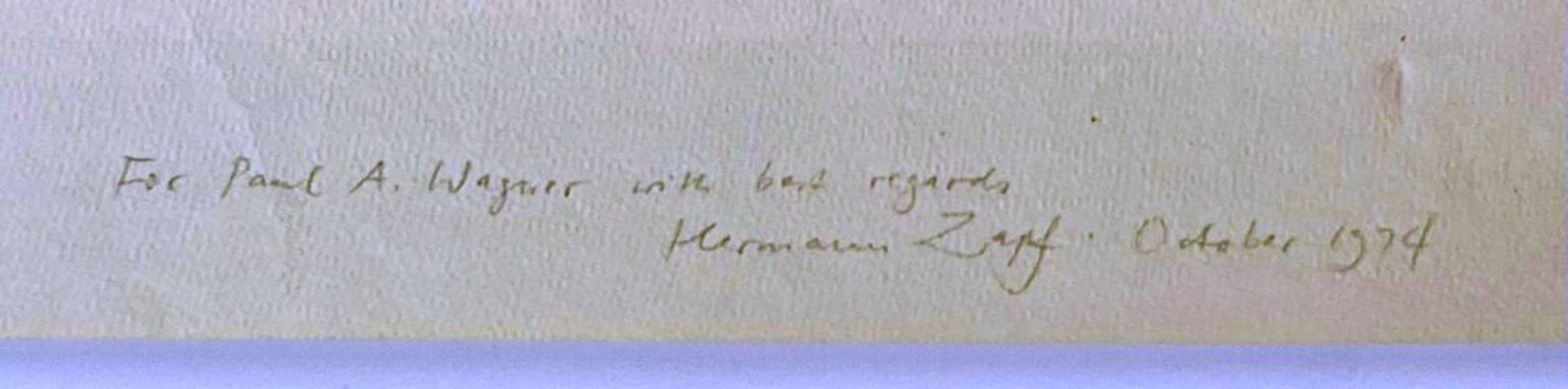 Seltener signierter Druck aus den 1970er Jahren mit Zitat von J. Robert Oppenheimer: Künstler und Wissenschaftler (Weiß), Figurative Print, von Hermann Zapf