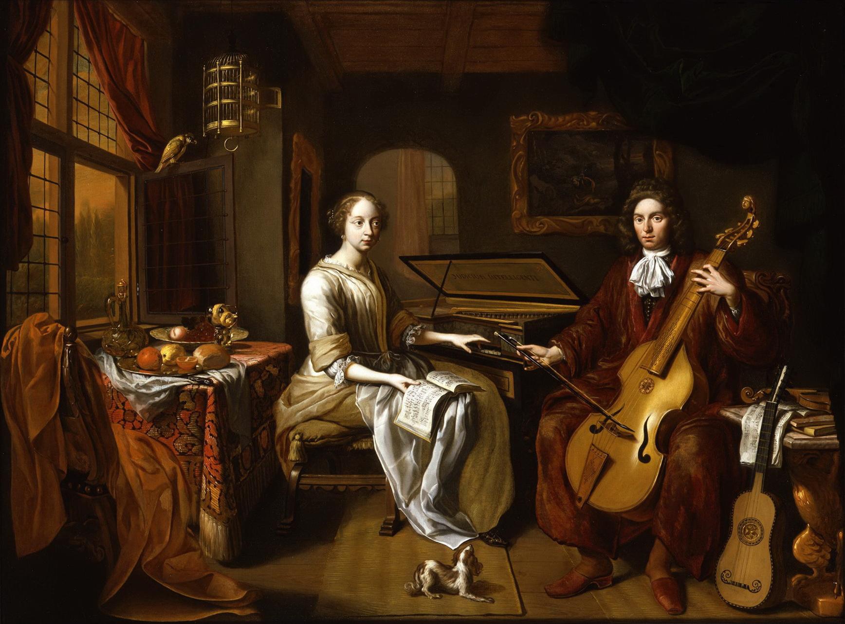 HERMANNUS COLLENIUS
(Kollum 1650 - 1723 Groningen)

In a spacious interior, an elegant young couple is making music.  She is fashionably dressed and sits on a stool by a virginal: with one hand she strikes a note on the keyboard, while in the