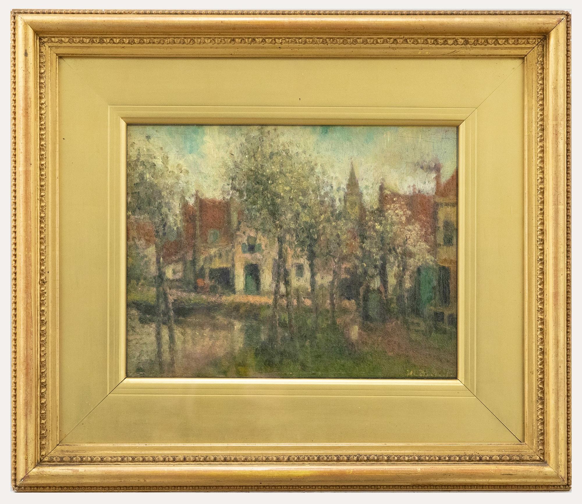 A charming oil scene depicting a dutch village and farm buildings. Painted in an impressionist style using soft brushwork to capture the sleepy village scene. Signed to the lower right. Presented in a gilt frame and slip. Title to label verso. On